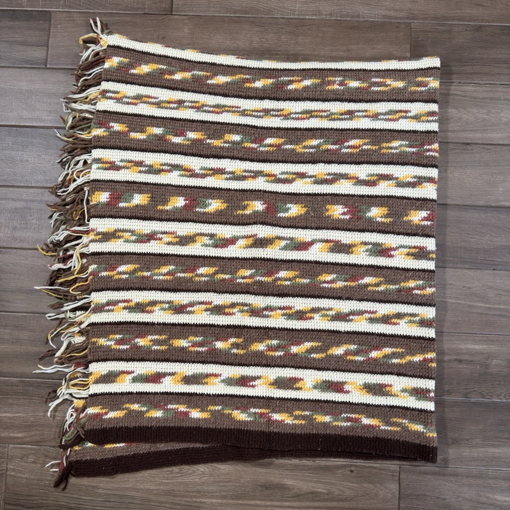 Vintage Afghan Blanket Brown Southwest Fringe Crochet Handmade Boho 60x65